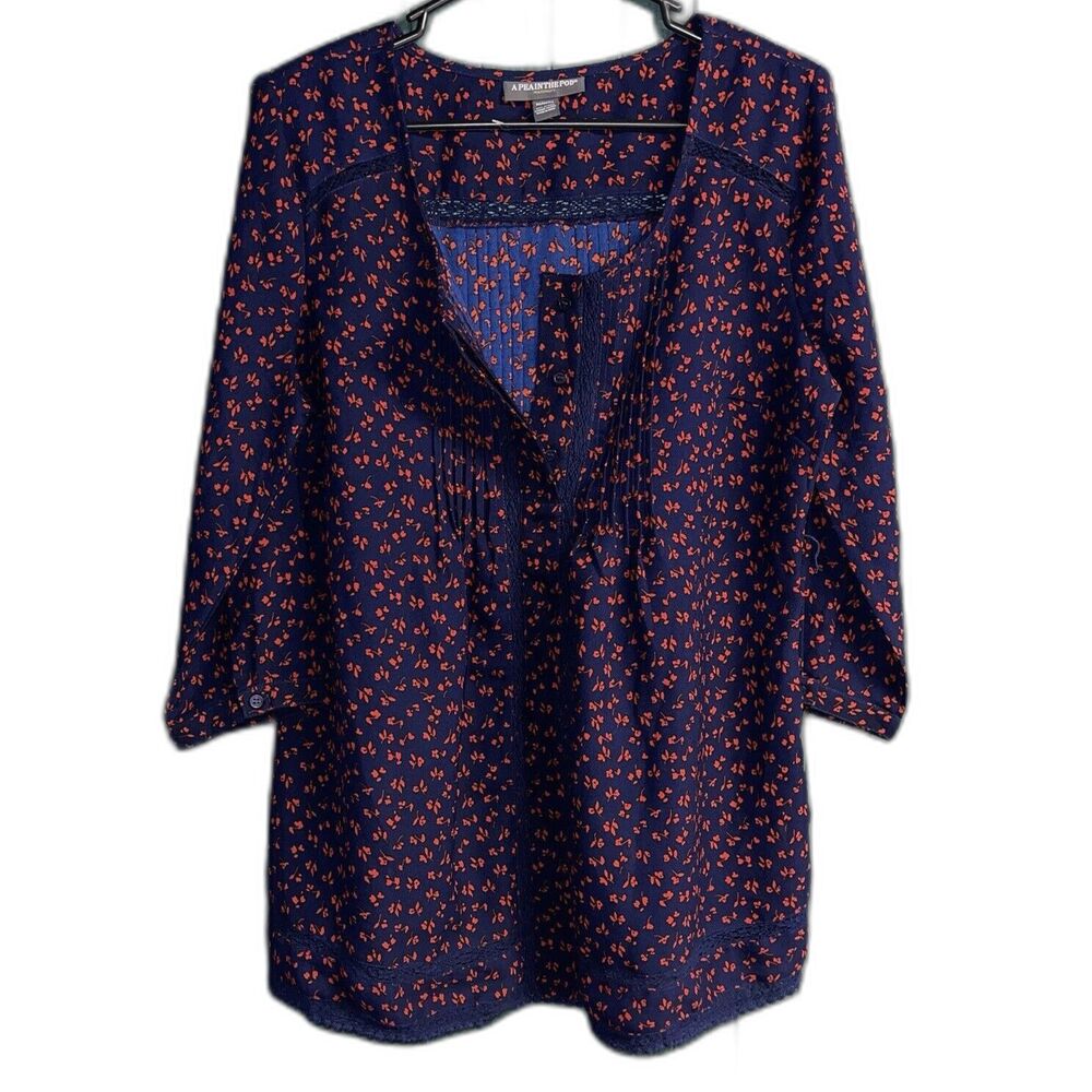 A Pea In The Pod Floral Navy Blue Blouse Top With Tie Belt Maternity Tunic Sz M